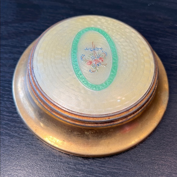 Antique Guilloche Enamel Floral Bouquet Brass Vanity Powder Box Jewelry Box - Picture 5 of 12